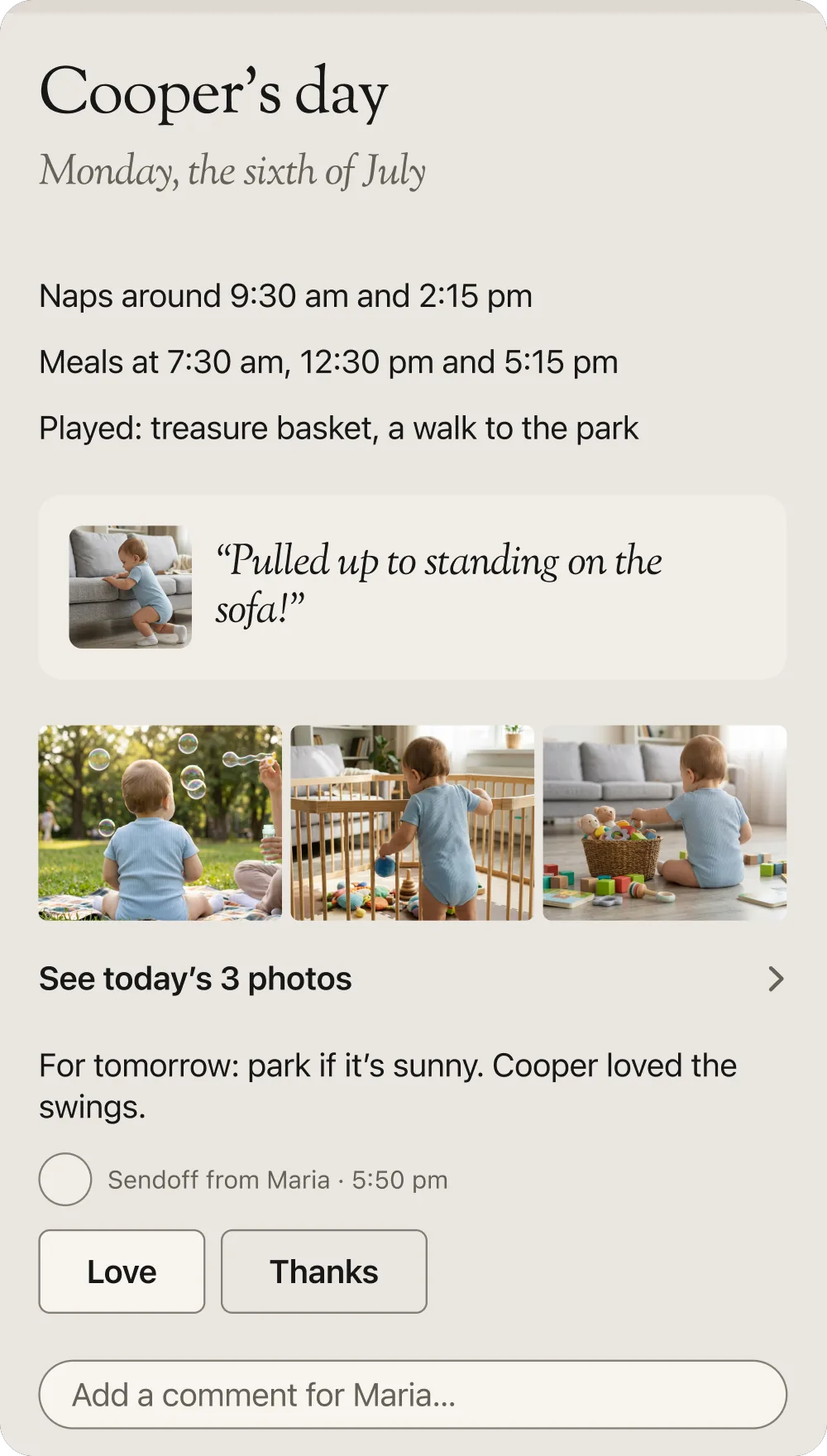 A sendoff page: Cooper’s day on Monday, the sixth of July, with naps, meals, play, a big moment, three photos and a note for tomorrow.