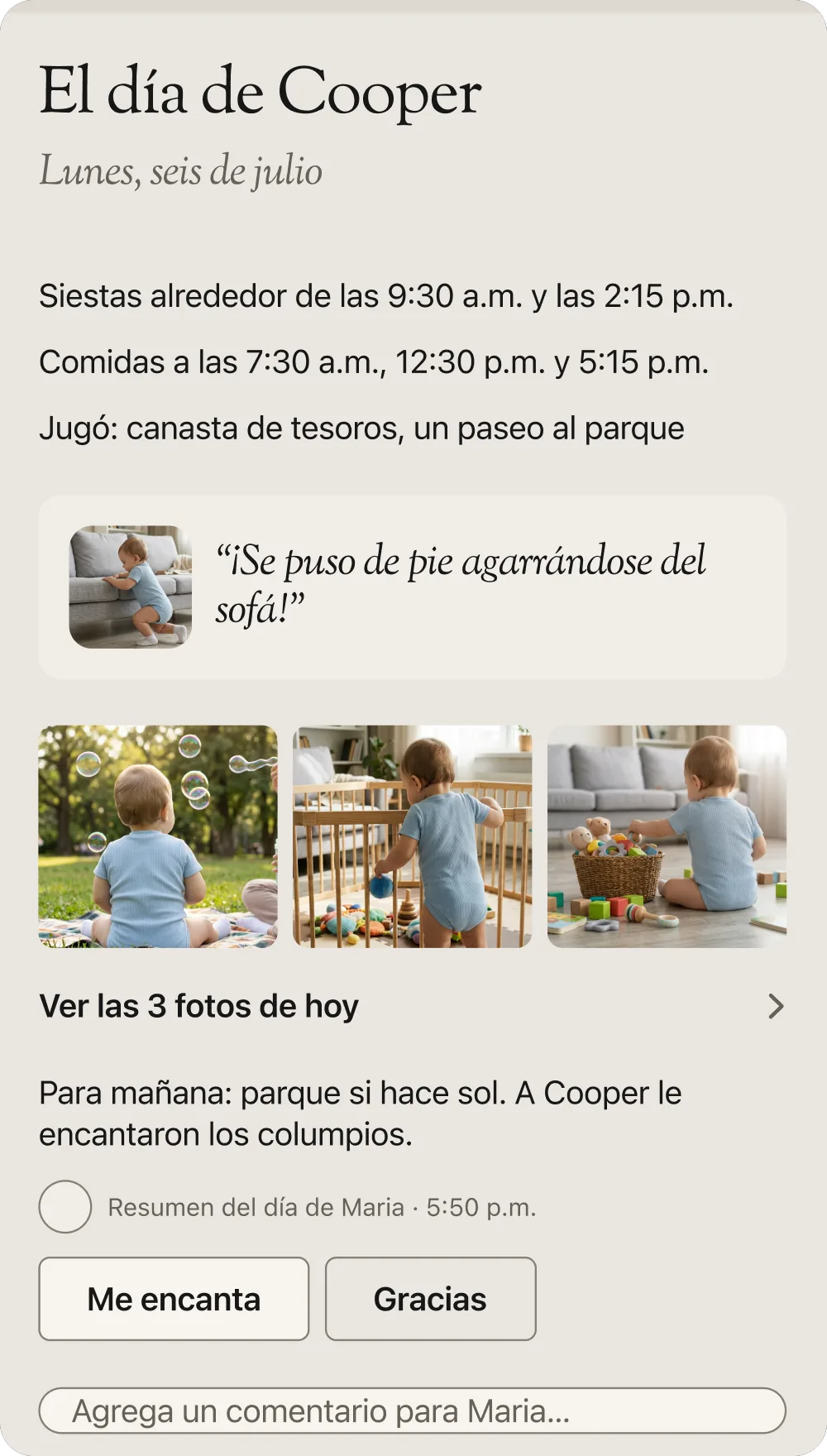 Una página del resumen del día: el día de Cooper, lunes seis de julio, con siestas, comidas, juego, un gran momento, tres fotos y una nota para mañana.