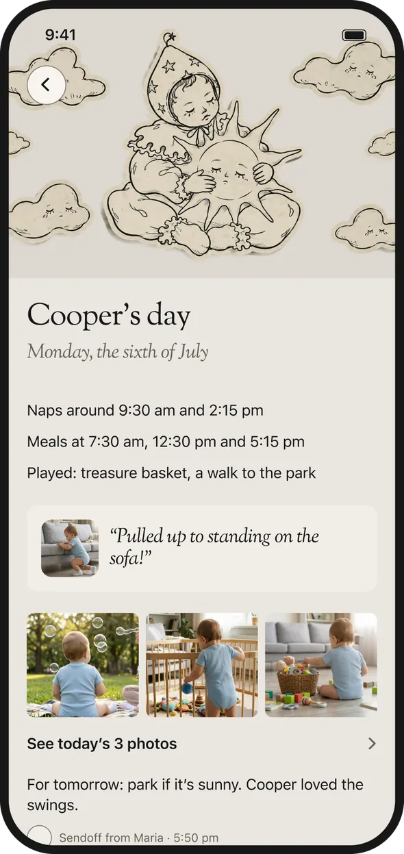 The daily sendoff: naps, meals, a big moment, photos and a note for tomorrow.