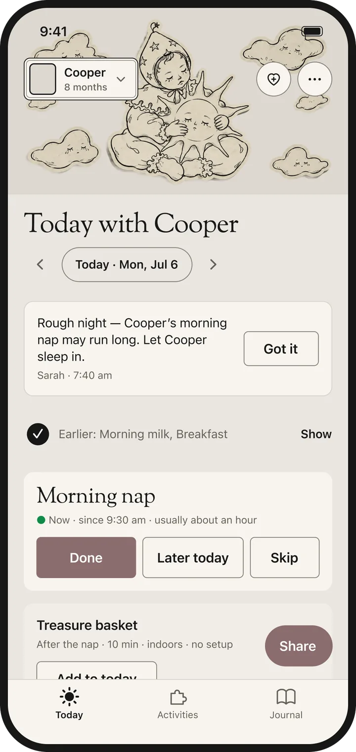 The nanny’s Today in the morning: a note from a parent, the morning nap as the Now block with Done, Later today and Skip, and a treasure basket idea.