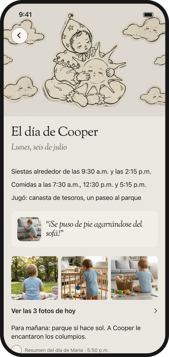 El resumen del día: siestas, comidas, un gran momento, fotos y una nota para mañana.
